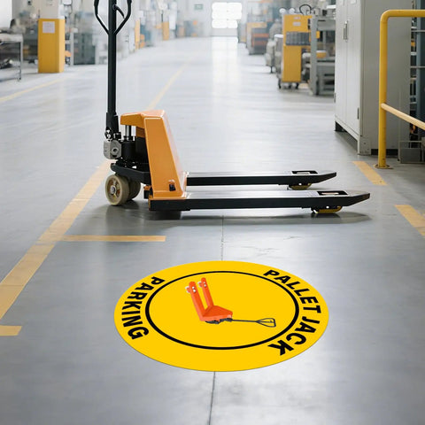 5 Pack Pallet Jack Parking Signs Self Adhesive Vinyl Floor Signs 24 By 24 Inches Anti Slip Waterproof Safety Signage For Warehouse Industry And Workplace displayed on warehouse floor.