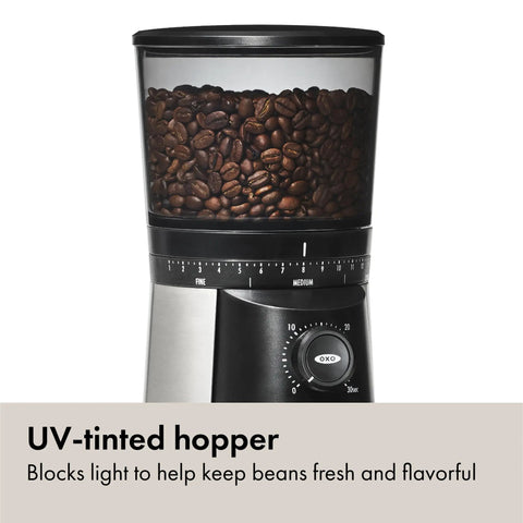 Barista Grade Conical Burr Electric Coffee Grinder With 12 Oz Capacity showing UV-tinted hopper with beans and grind settings