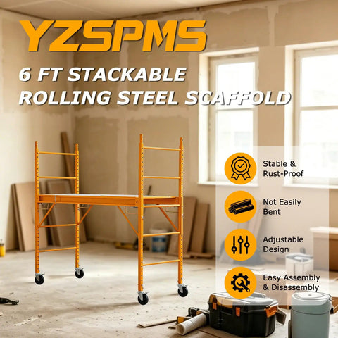 Heavy Duty Baker Style Rolling Steel Scaffold Built Like A Tank For 1000 Lb Loads, 6 ft height, stackable, stable design in construction site.