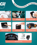 Lens wipes infographic with LCI LivClean Health logo; shows eyeglasses, sunglasses, phone and monitor screens, camera and binocular lenses.