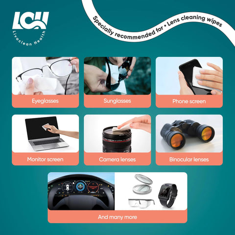 Lens wipes infographic with LCI LivClean Health logo; shows eyeglasses, sunglasses, phone and monitor screens, camera and binocular lenses.