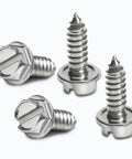Heavy Duty Stainless Steel License Plate Screws And Security Fasteners For Cars Trucks And Suvs Rustproof Tag Mounting Kit Premium Silver Bolts Four pack of silver stainless steel bolts with secure heads.