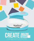 Blue and white square paper punch with ergonomic handle on colorful background for crafting scrapbooking and card making.