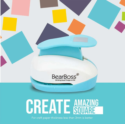 Blue and white square paper punch with ergonomic handle on colorful background for crafting scrapbooking and card making.