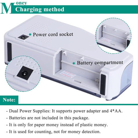 Portable Money Counter Machine Mini Bill Counter with USB power and battery backup showing power cord socket and battery compartment
