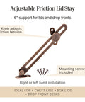 Solid 6 Inch Antique Copper Adjustable Friction Lid Stay With Slick Turn Knob For Quick Right Or Left Hand Swap No Sweat Setup For Vintage Furniture Fixups And Shop Projects.
