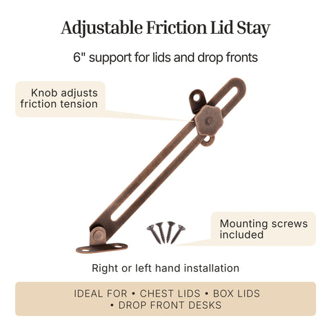 Solid 6 Inch Antique Copper Adjustable Friction Lid Stay With Slick Turn Knob For Quick Right Or Left Hand Swap No Sweat Setup For Vintage Furniture Fixups And Shop Projects.