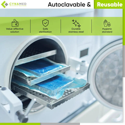 Autoclave sterilizer with trays holding surgical packs, displaying features: value-effective, safe sterilization, durable stainless steel.