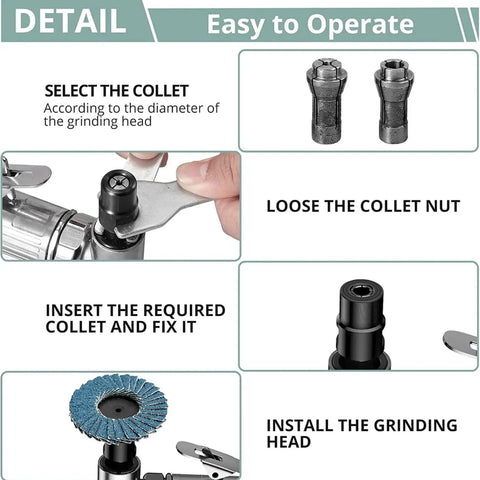 Heavy Duty Air Die Grinder With Rock Solid Metal Housing And Precision Ball Bearings Powers Through Any Task At A Blazing 20000 Rpm assembly guide with collet and grinding head.