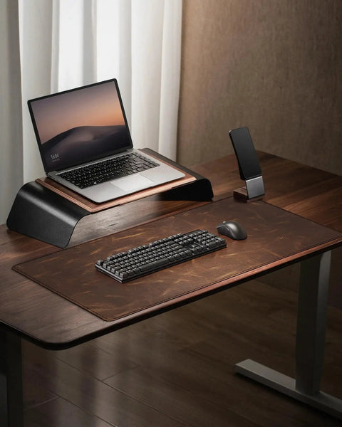 Leather Desk Mat 35.4 By 17 Inches Real Leather Desk Pad With Oil Wax Finish on wooden desk with keyboard and mouse