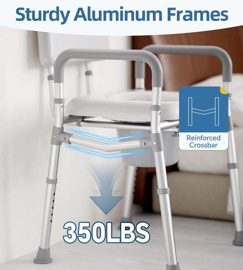 Adjustable Bedside Commode Toilet With Built Like A Tank Aluminum Frame And Heavy Duty Crossbar Featuring Thick Cushioned Seat Ergonomic Backrest Supports Up To 350lb And Non Skid Feet For Everyday Ease