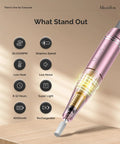 Clip On Rechargeable Nail Drill For Beginners On The Go, 30K RPM E File With LCD, pink, on wooden surface showing features