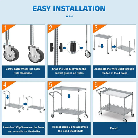 Heavy Duty 45 Inch Rolling Utility Cart With Hella Roomy Two Tier NSF Certified Steel Storage Shelf For Warehouse And Home Garage Rock Solid Workhorse Tool Trolley On Swivel Casters