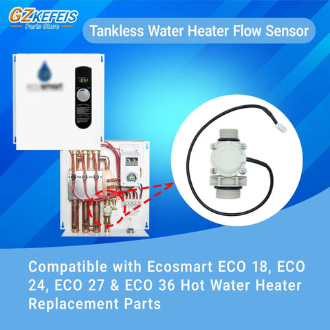 Tankless Water Heater Flow Sensor Replacement for Ecosmart Eco 18 24 27 and 36 On Demand Hot Water No Brainer Easy Install Restores Reliable Flow and Consistent Hot Water Fast. White plastic sensor with black cable and threaded ends