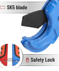 Close-up of Pro Grade PEX Pipe Cutter with SK5 blade and safety lock for clean burr-free cuts on PEX tubing 1/8 to 1-5/8 inch.