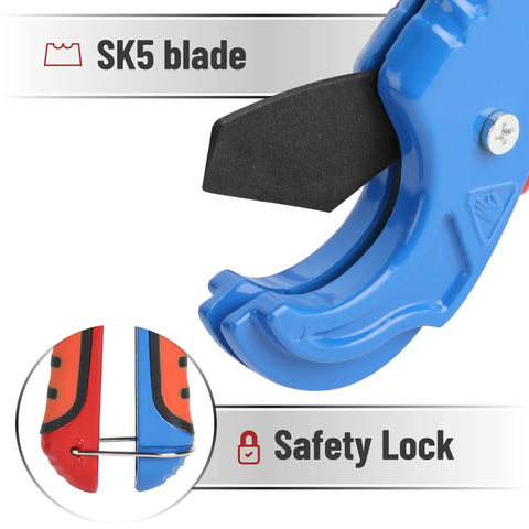 Close-up of Pro Grade PEX Pipe Cutter with SK5 blade and safety lock for clean burr-free cuts on PEX tubing 1/8 to 1-5/8 inch.