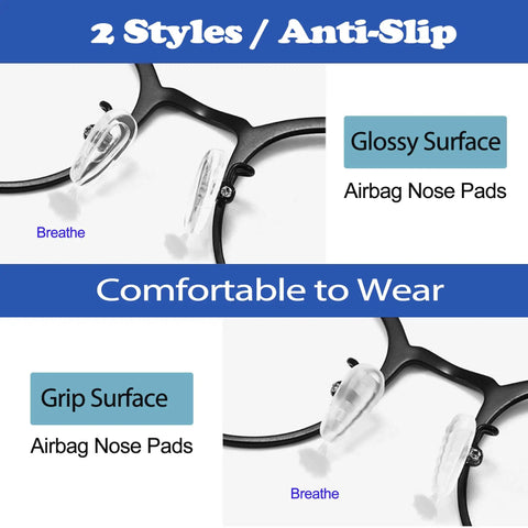 Buttery Soft Air Chamber Silicone Nose Pads For Glasses Sunglasses Replacement Kit With Mini Screwdriver and Spare Screws No More Pinching, showing glossy and grip surface styles.