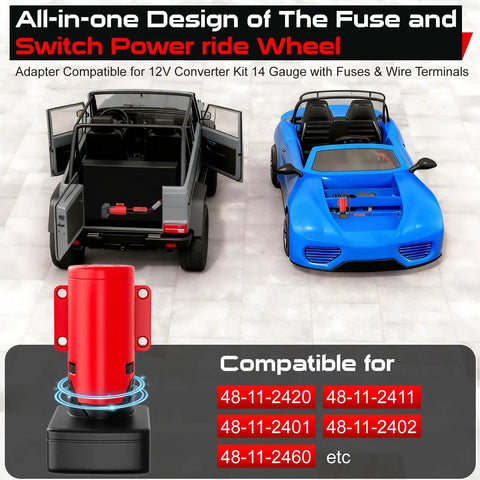 Upgraded Milwaukee 12V Battery Adapter for Ride On Wheel Toys with all in one switch and fuse design, 14 gauge wire terminals