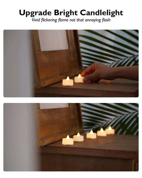 100 Pack Flameless LED Tea Light Candles Bulk With Long Lasting Battery flickering on a wooden surface indoors.