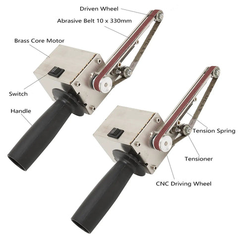 Heavy Duty Mini Belt Sander Workhorse Packing 150 Watt Brass Core Motor with CNC driving wheel and abrasive belt.