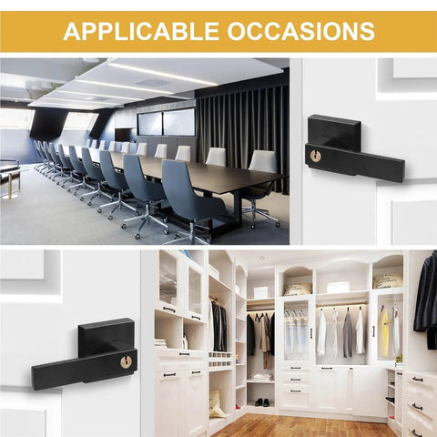 12 Piece Black Finish Passage Door Lever Set With Square Panel For Modern Interior Doors in office and closet settings