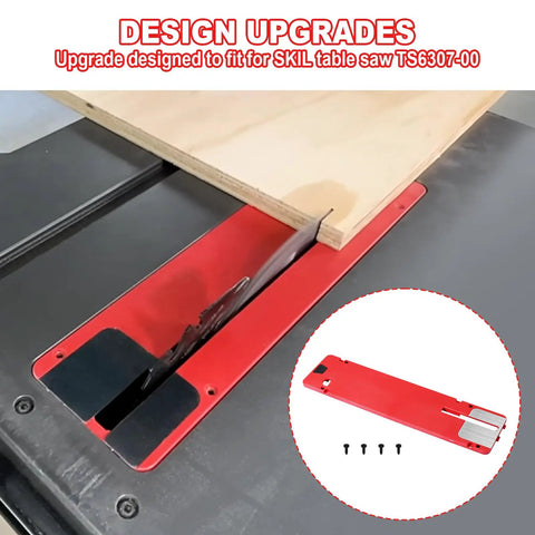 Top Shelf Zero Clearance Replacement Insert For Ten Inch Table Saw showing red insert fitting beside saw blade for precision cuts.