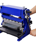User operating 12 Inch 3 In 1 Sheet Metal Machine That Shears Bends And Rolls For DIYers And Pros 20 Gauge Capacity With 90 Degree Bend Angle