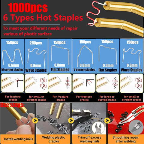 1000pcs 6 Types Hot Staples for 220W Plastic Welder Kit 2 In 1 Plastic Repair Set With Hot Stapler Soldering Gun for Auto Repairs