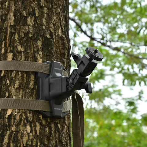 Trail Camera Mounting Bracket With One Quarter Twenty Threaded Insert 360 Degree Rotating Adjustable Holder on tree trunk