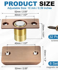 Copper Magnetic Door Ball Catch Set, 8 Pack for Top Of Doors and Invisible Cabinets shown with measurements and screws.