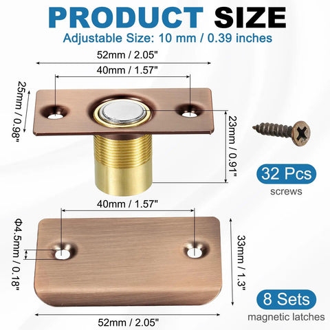 Copper Magnetic Door Ball Catch Set, 8 Pack for Top Of Doors and Invisible Cabinets shown with measurements and screws.
