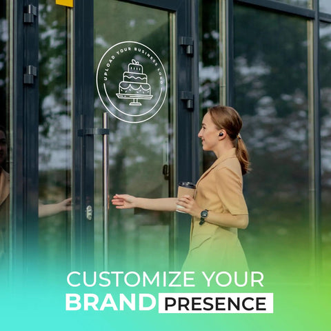 Woman entering office with custom business logo decal for walls and windows that helps you personalize your brand.