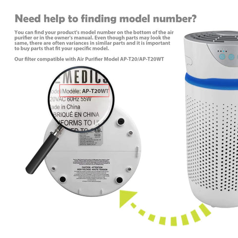 Image showing air purifier base with magnified model number AP-T20WT, compatible with 2-Pack Replacement Filter For AP-T20 Air Purifier Tower Models AP-T20WT And AP-T20FL White No Fuss Easy Swap High Efficiency Clean Air For Home Use Everyday.