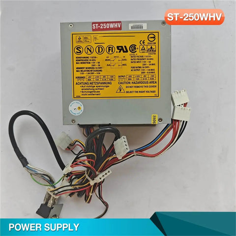 Heavy Duty 250W AT Industrial Computer Power Supply With Grit Tested Reliability Plug And Play Setup, showing wiring and labels.