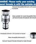 Brass Quick Connector For Sink Faucet To Garden Hose Adapter Snap Coupling With 360 Degree Rotation All Brass No Fuss Fits 55 64 Inch 27 Thread Works For Kitchen Bathroom Garden Shower Hose And Dishwasher, showing thread sizes and connections.