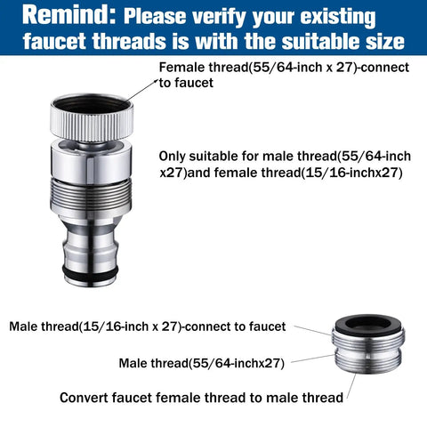 Brass Quick Connector For Sink Faucet To Garden Hose Adapter Snap Coupling With 360 Degree Rotation All Brass No Fuss Fits 55 64 Inch 27 Thread Works For Kitchen Bathroom Garden Shower Hose And Dishwasher, showing thread sizes and connections.