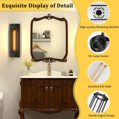 Industrial Black Wall Sconces Set of 2 beside bathroom mirror, vintage style bar lights with E26 E27 base, UL listed, antique look.