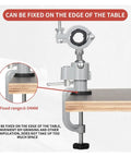No Hassle 360 Degree Swivel Tool Holder Bracket And Table Vise Stand fixed on table edge with adjustable clamp for small tools.