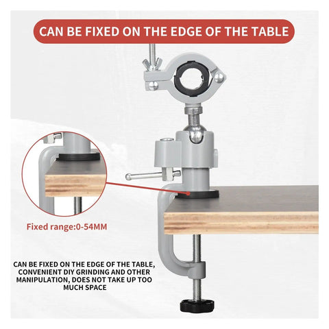 No Hassle 360 Degree Swivel Tool Holder Bracket And Table Vise Stand fixed on table edge with adjustable clamp for small tools.