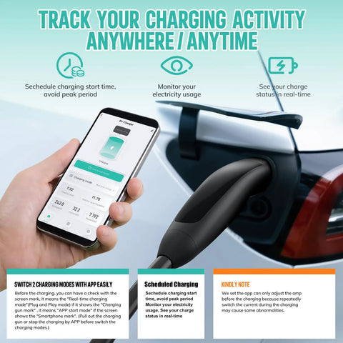 App interface for Portable Tesla Ev Charger Built For Home Level 1 And 2 Quick Charging 16 Amp 25 Foot Cable ETL Certified.
