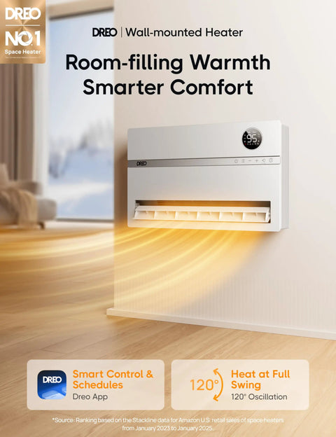 Smart Wall Space Heater For Bedroom, 1500W, 120 Degree Vertical Oscillation, mounted on living room wall, displaying heat flow