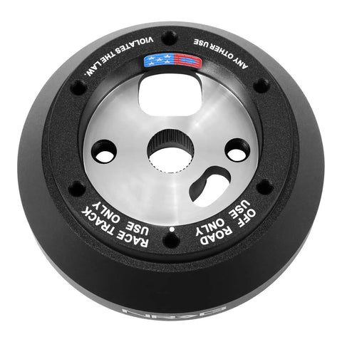 Lockable Aluminum Steering Short Hub And Quick Release Adapter Unit With 6x70mm Bolt Pattern For C6 Corvette Silverado And CTS, showing black finish and bolt pattern.