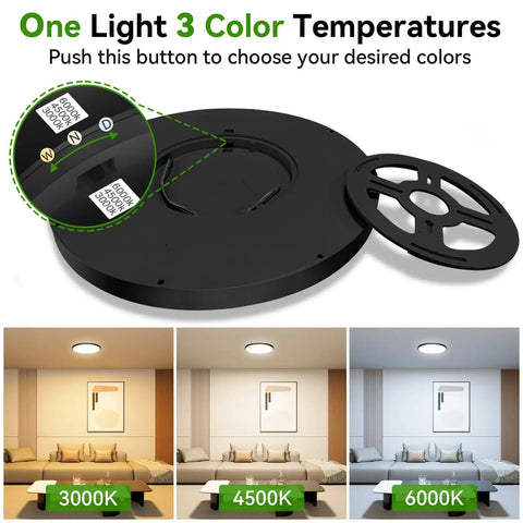 Nine Inch LED Ceiling Light Flush Mount Dimmable 3CCT 3000K 4500K 6000K 2800LM For Kitchen Bedroom Living Room Black Pack Of Six Ultra Bright Energy Efficient Low Profile Design showing 3 color temperatures