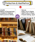 Comparison of book storage: left side shows cluttered shelves without Custom Length Silver Metal Guard Rail Fence With Rock Solid Railing.