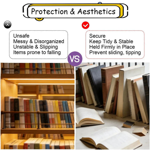 Comparison of book storage: left side shows cluttered shelves without Custom Length Silver Metal Guard Rail Fence With Rock Solid Railing.