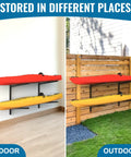 Heavy Duty Kayak Storage Rack Wall Mount For Garage Paddling Boats Hella Secure Dual Tier Adjustable Hanging Rack showing red and yellow kayaks indoors and outdoors.