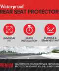Infographic highlighting features of Waterproof Neoprene Rear Bench Seat Cover For Cars Trucks SUVs And Vans 100 Percent Back Seat Protector Against Spills