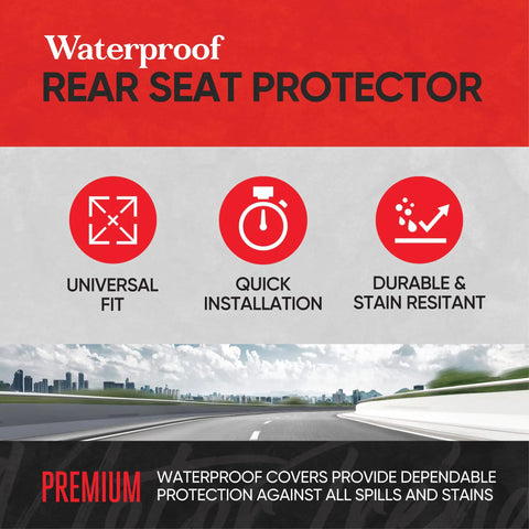 Infographic highlighting features of Waterproof Neoprene Rear Bench Seat Cover For Cars Trucks SUVs And Vans 100 Percent Back Seat Protector Against Spills