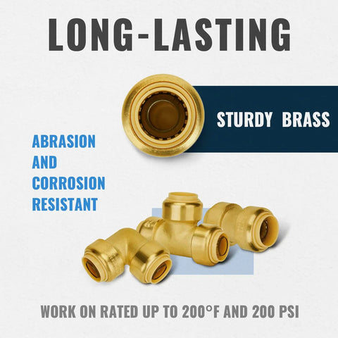 Push Pex Fittings Three Quarters Inch Set Featuring Five Couplings Elbows And Tee With Disconnect Clip Brass Push To Connect