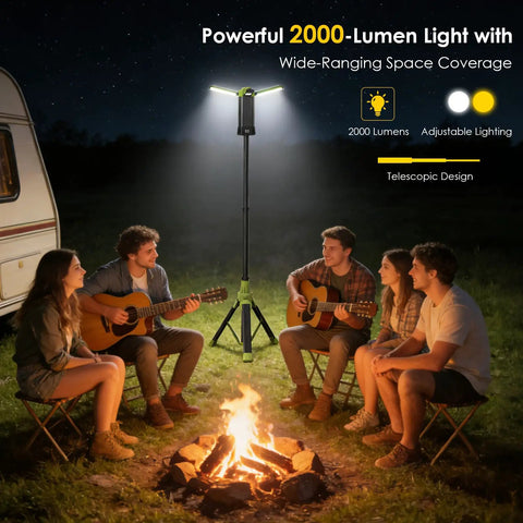 Group of campers around a fire using a Rechargeable Camping Lantern With 9000mAh Battery, Adjustable 270-Degree Horizontal Light